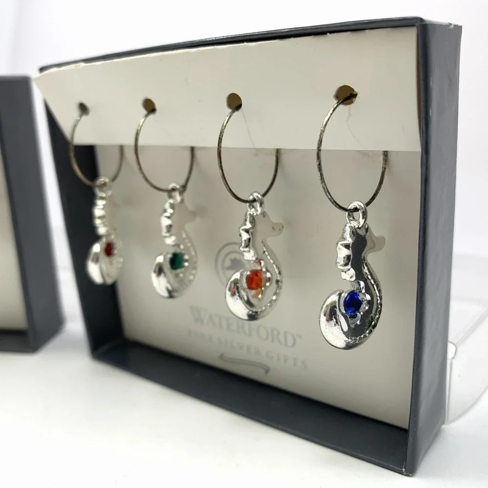2 Sets of WATERFORD Fine Silver Gifts Seahorse Wine Charms - Sea Horse 2002